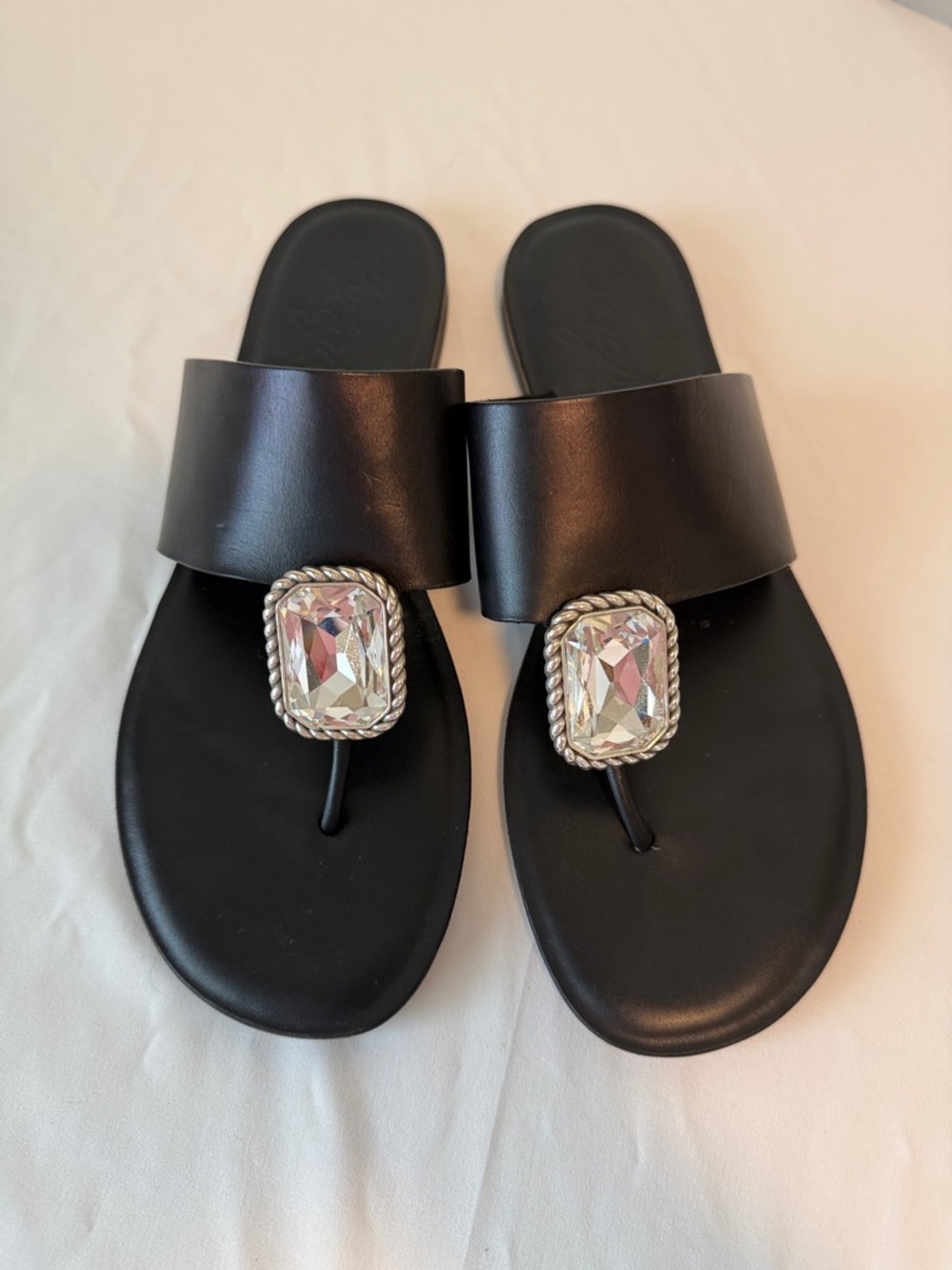 Brighton Black Slide Sandals with Clear Crystal Medallions
